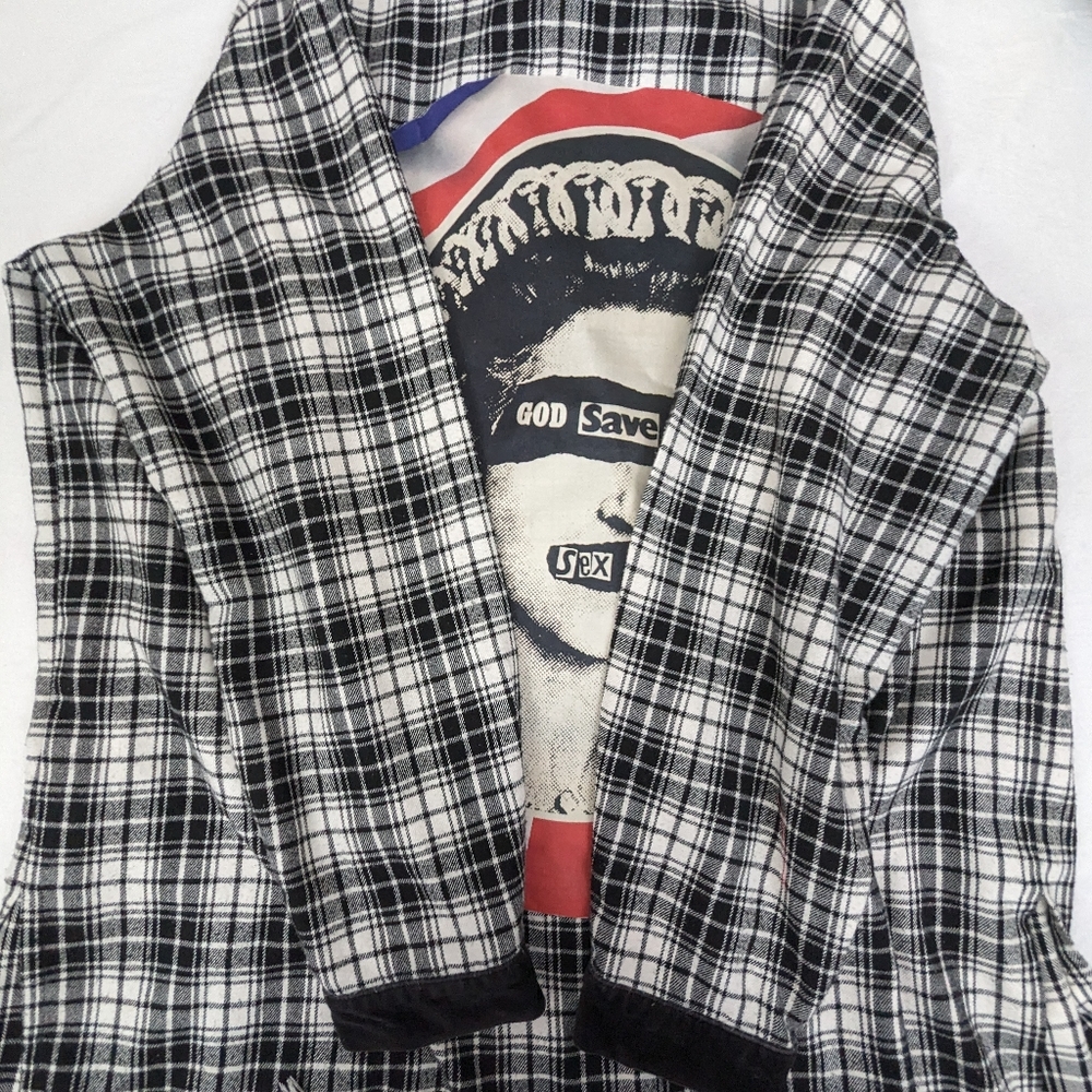 Sex Pistols God Save The Queen B&W Flannel Front Button Shirt w/Fringe XL - Picture 3 of 15